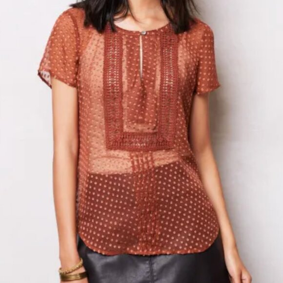 Anthropologie Rust Grassland Swiss Dot Pintuck Silk Short Sleeve Blouse Top - Picture 1 of 8